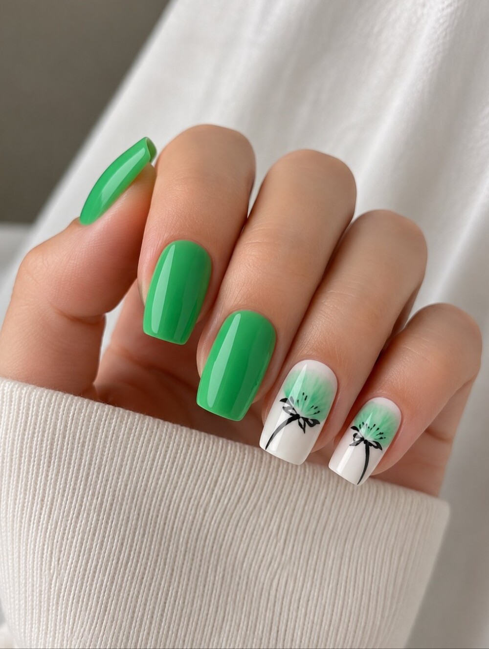 🔥3/$21 Light Green Dandelion design Press on nails